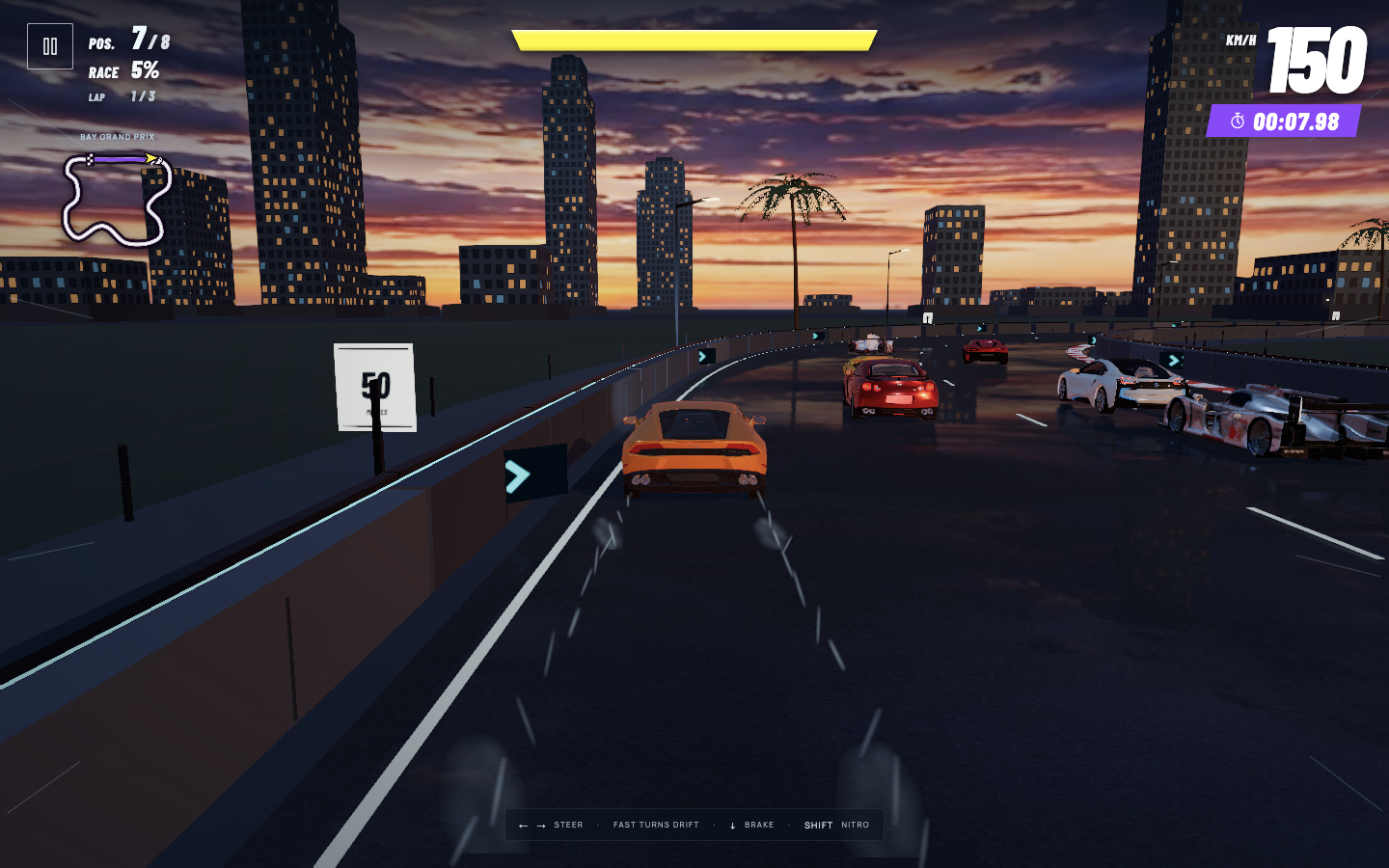 Actual Camber Reign gameplay with Lamborghini Huracán racing against seven opponents at Bay Grand Prix
